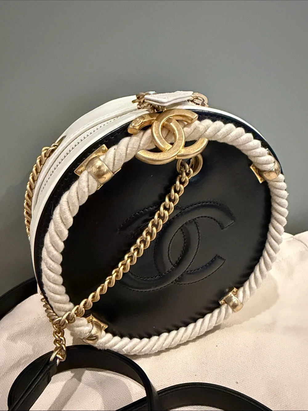 CHANEL Black Leather Circular Crossbody with Cream Rope Trim